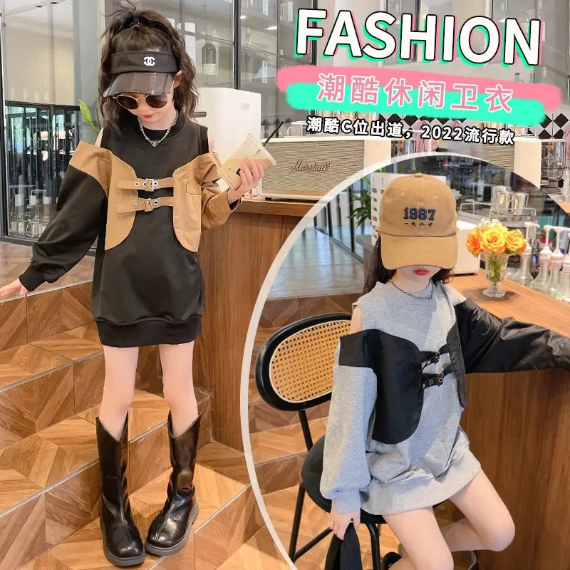 Girls Sweatshirt Spring Autumn Design Off-the-shoulder Patchwork Top Kids Clothes for Teens Fake Two Mid-length Pullovers 4-14 Y