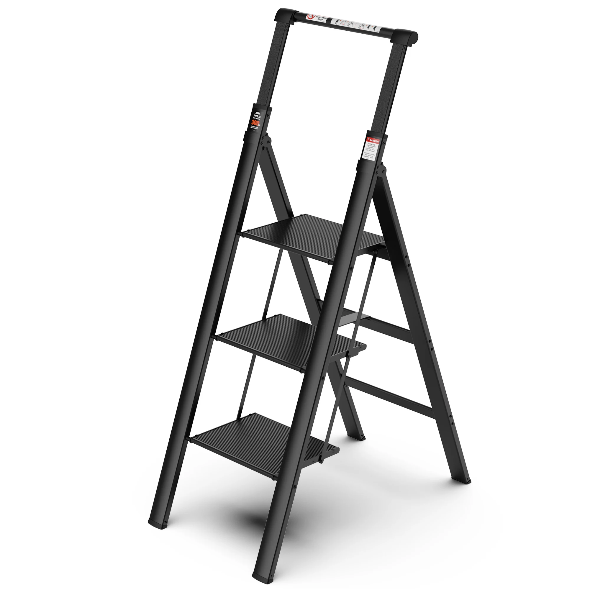 3 Step Ladder, Retractable Handgrip Folding Step Stool with Anti-Slip Wide Pedal, Aluminum Stool Ladders 3 Steps, 300lbs Safety Household Ladder