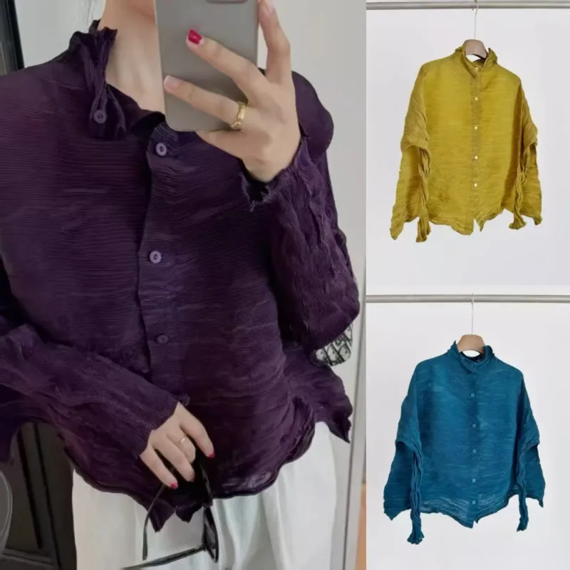 

Miayke Pleated Short Jacket Women High-end Design Fashion Long Sleeve Standing Collar Pleat Cardigan Tops Miyake 2025 Summer New