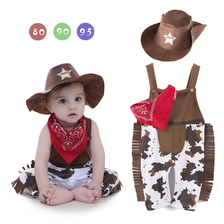 

Baby Boy Western Cowboy Costume Summer Romper Infant Suspender Jumpsuit Toddler Outfit Kids Holiday Party Cosplay Clothing