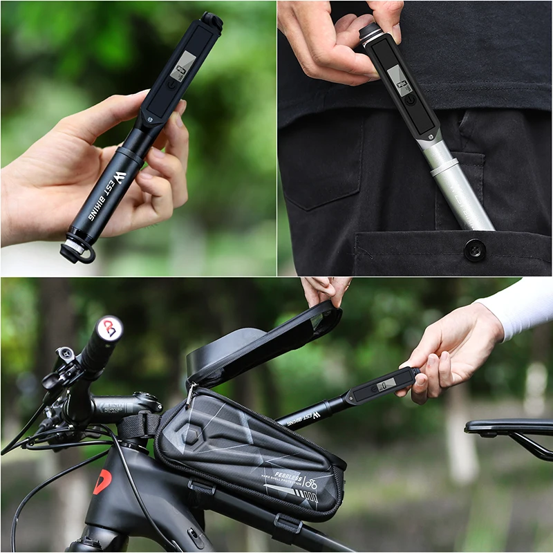 WEST BIKING Portable Bicycle Pump LCD Digital Gauge Cycling Hand Air Pump 160PSI High Pressure Tire Inflator MTB Road Bike Pump