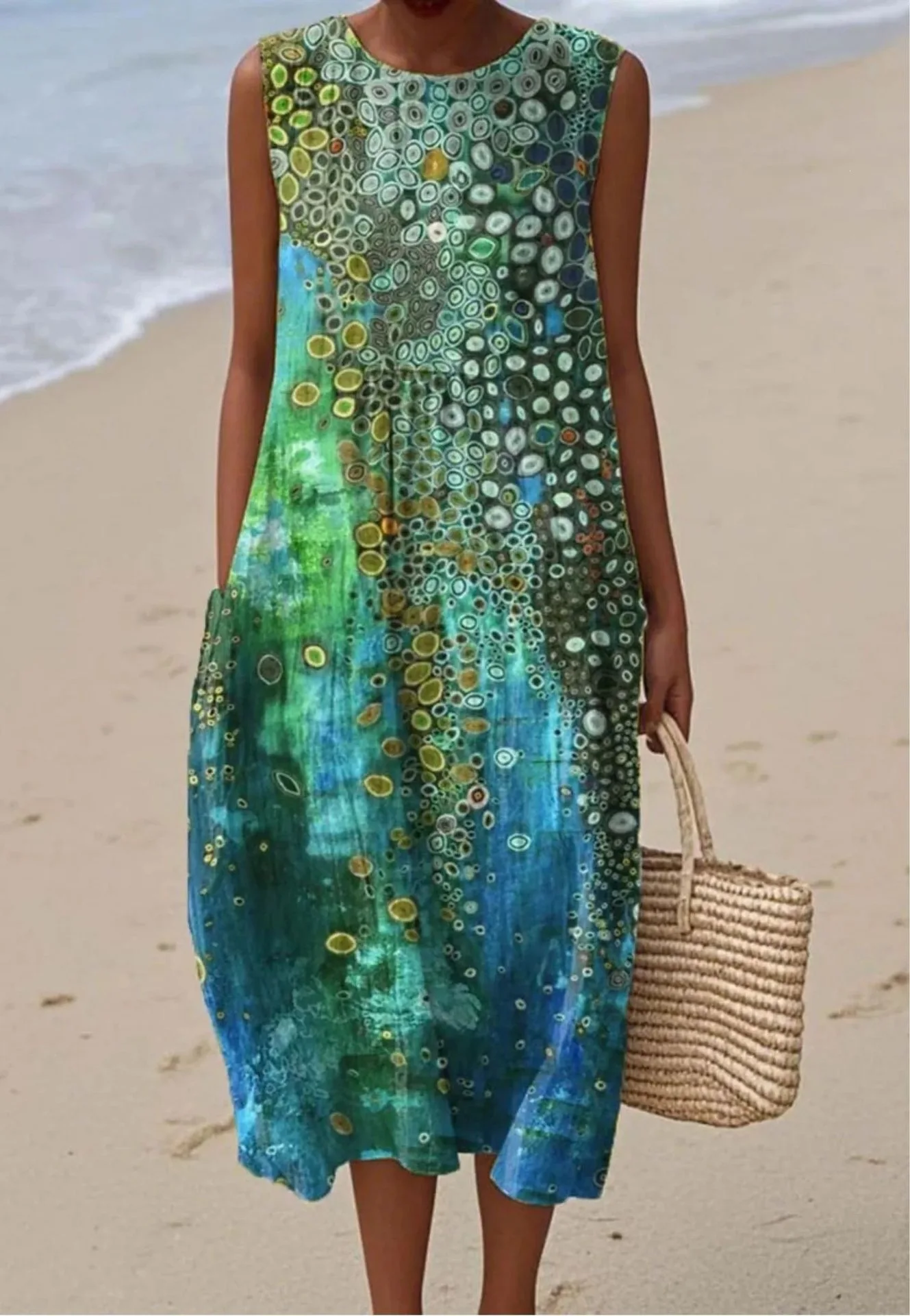 Image of 26 Neue Ärmellose Modekleider aus Bambus-Leinen mit Rundhalsausschnitt und Blumenmuster für Strandurlaub Lässiges Midikleid