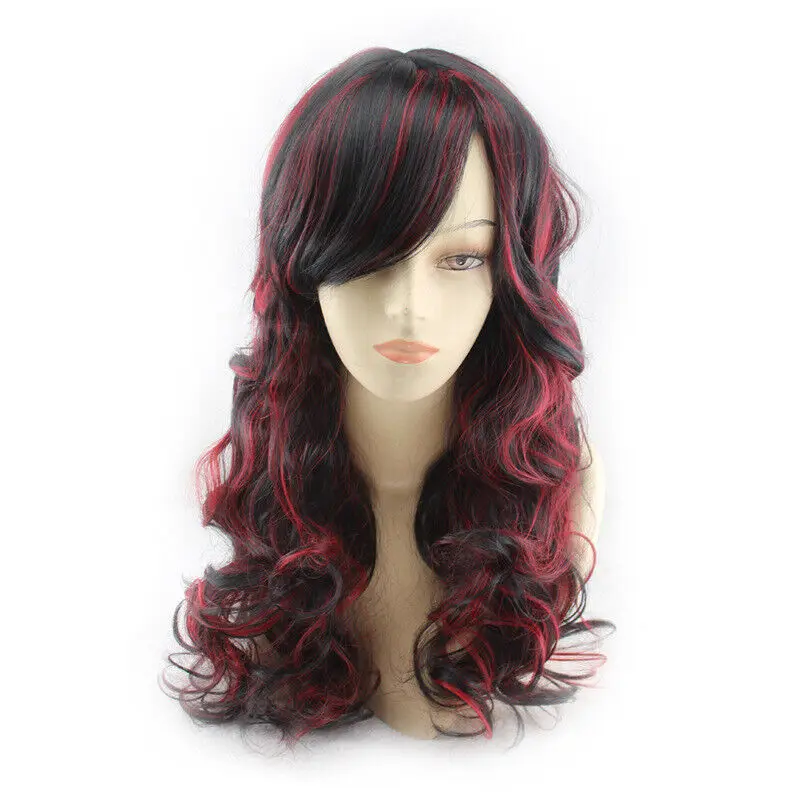 Peluca ondulada larga para mujer, cabello humano negro sintético, rojo vino