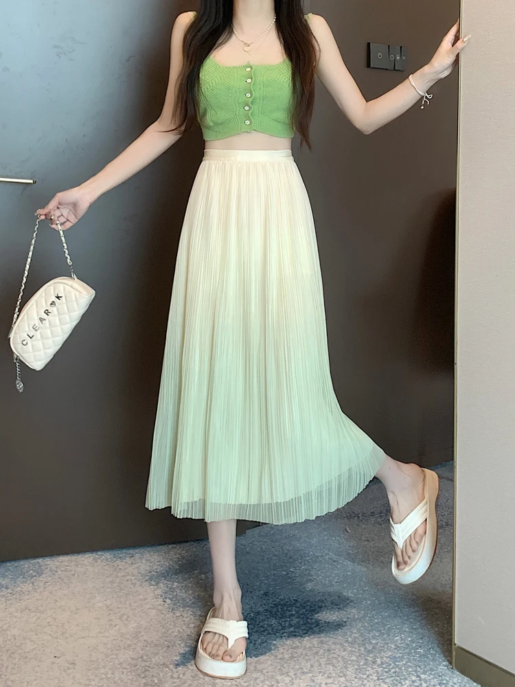 

Spring Summer Elegant Fashion Elastic High Waist Pleated A-line Mesh Skirt Women Sweet Gradient All-match Skirts Female Clothes