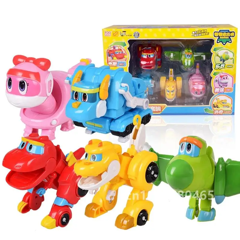 5 pz/set ABS Min Deformazione Gogo Dino Action Figures REX Trasformazione Auto Aereo Motoscafo Gru Dinosauro giocattoli per I Bambini