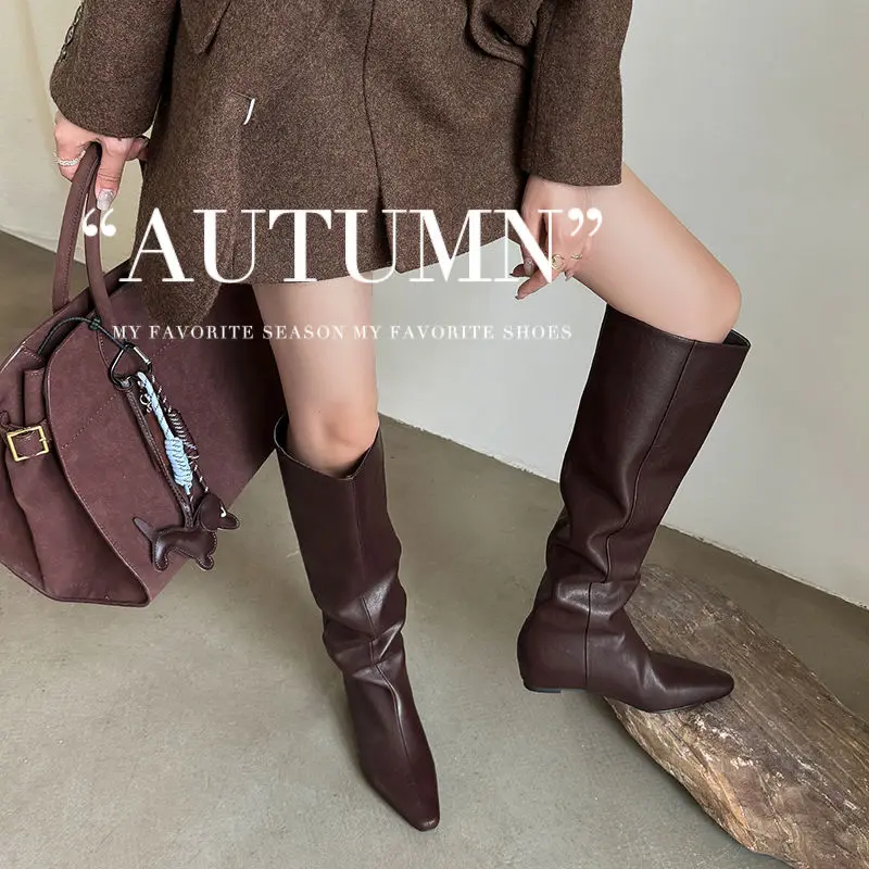 2026 new autumn winter women knee-high boots 22-25cm split leather+satin+pigskin square toe high heel women Elastic boots