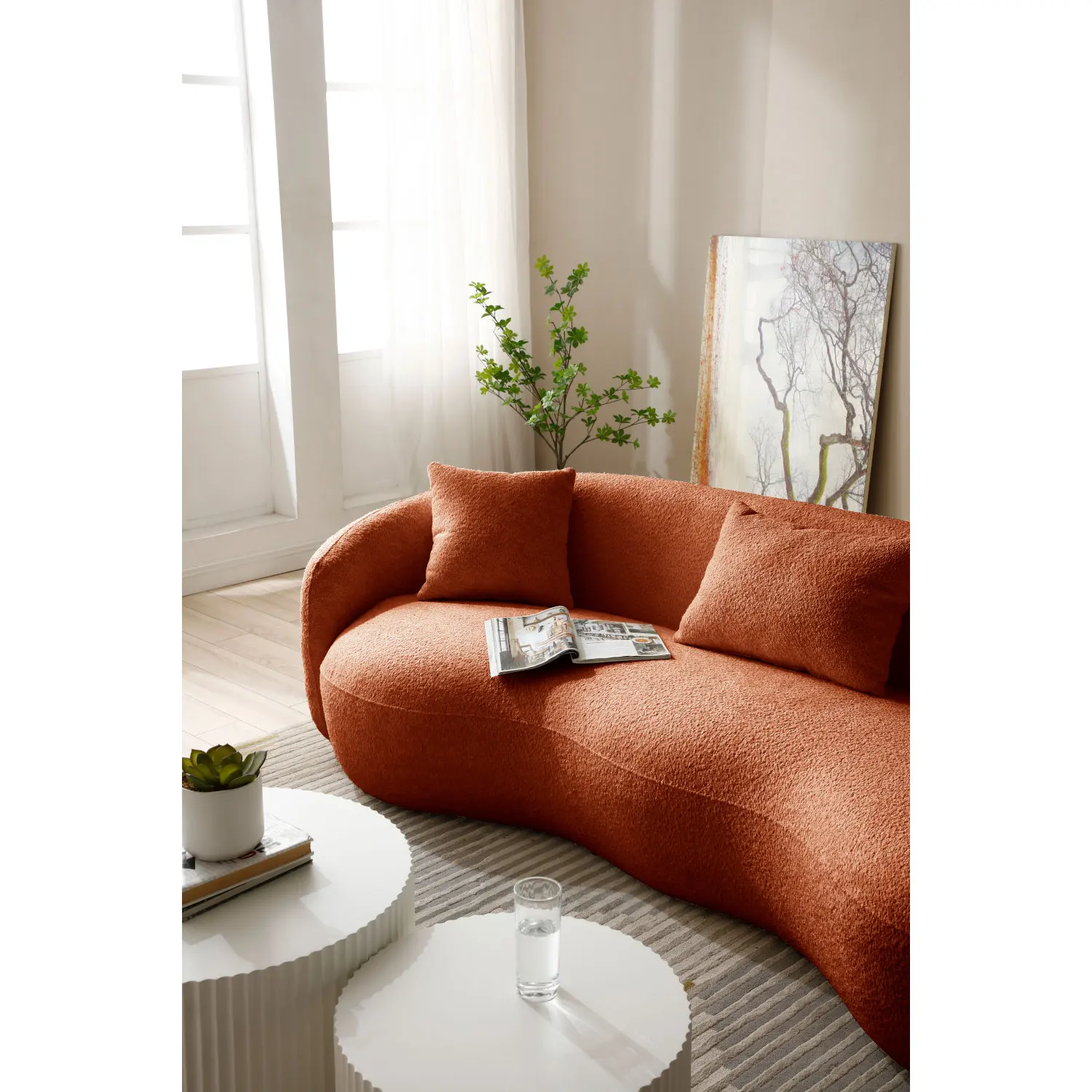 Sofá curvo moderno de meados do século de 93,6 polegadas, sofá de tecido boucle para quarto, escritório, apartamento, laranja