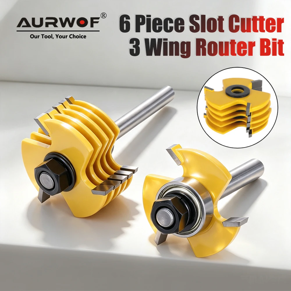 3 Wing Slot Cutter Set 6Pcs, Ball Bearing T-Shape Router Bit, Woodworking Tenon Cutter Grooving Tool For 8mm 12mm 1/2 Shank
