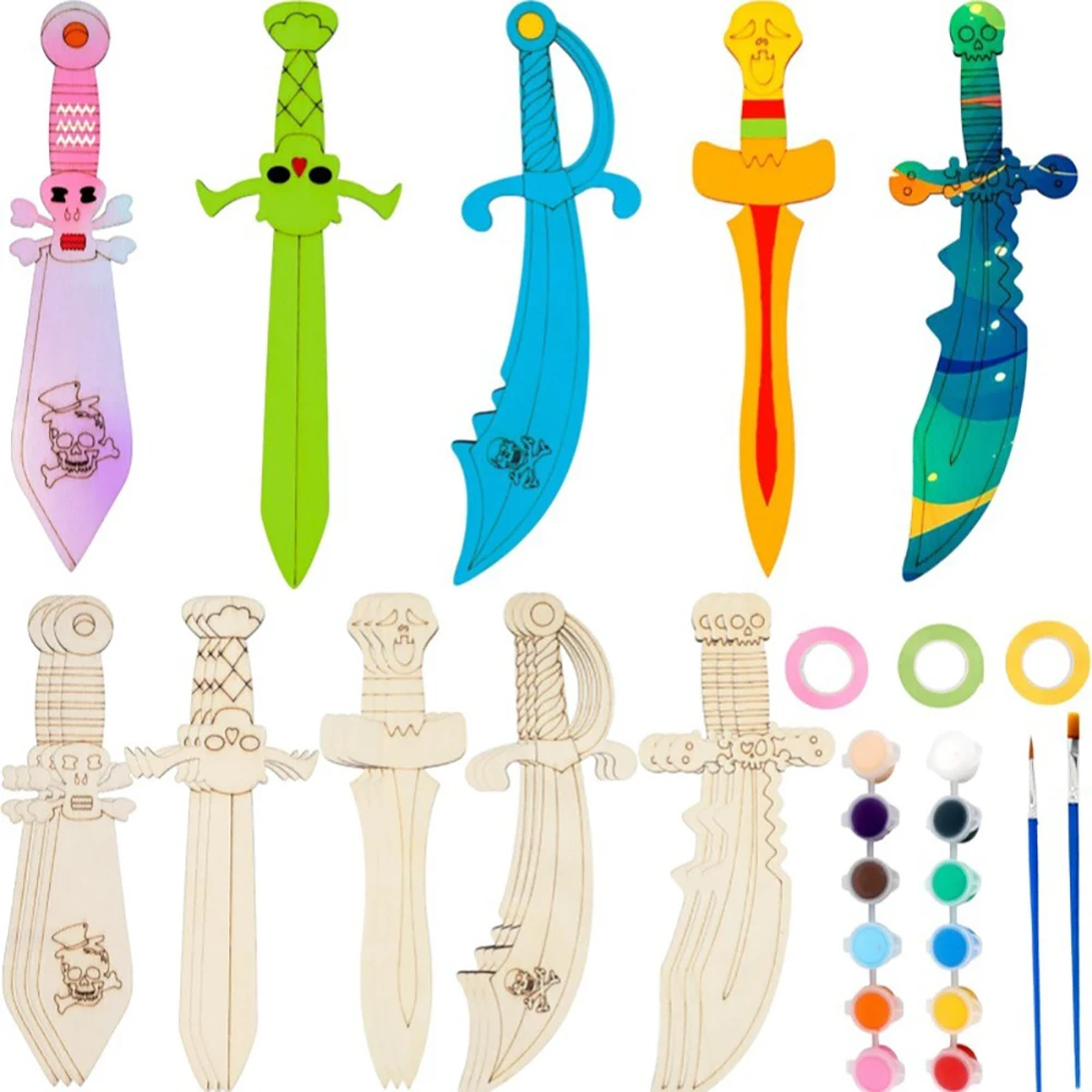 Juego de espadas de madera para niños, accesorios de pintura de madera de piratas sin terminar, actividades artísticas de Halloween, suministros de Cosplay para cumpleaños, 5/10 Uds.