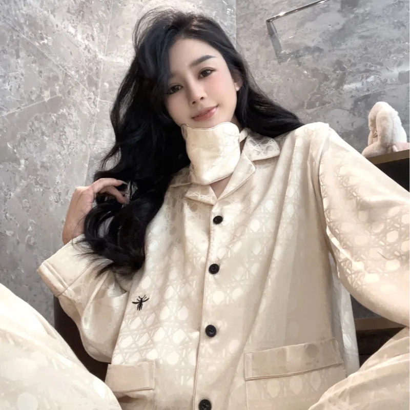 2025 Two Piece Set Women High End Jacquard Pajamas Sleepwear Ice Silk Double Pocket Luxury Nightwear Long Sleeve Pants Sleepwear