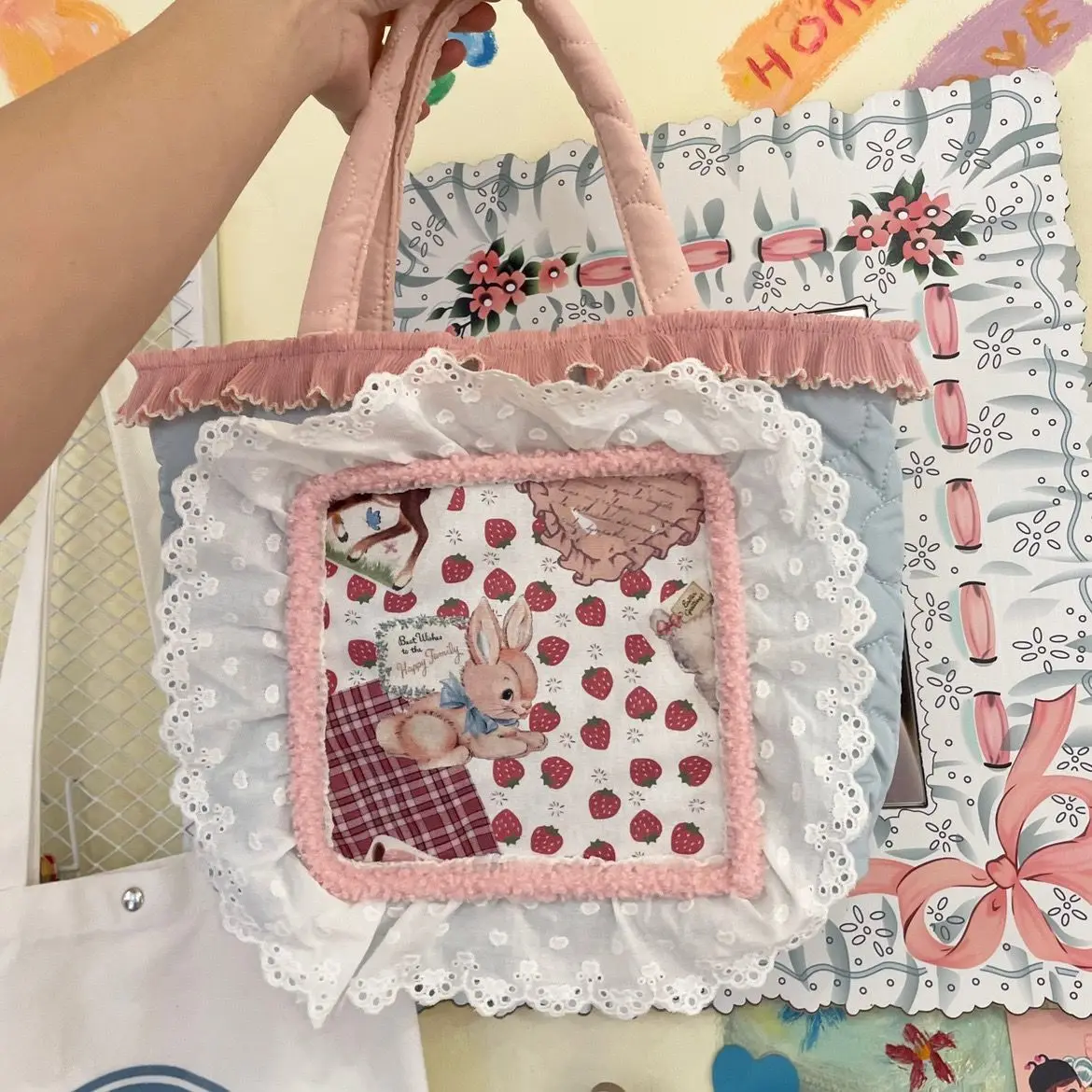 JIAERDI Sweet Lace Y2k Tote Bag Women Vintage Fairycore Patchwork Denim Handbag Ladies Retro Harajuku Cute Handbags Aesthetic