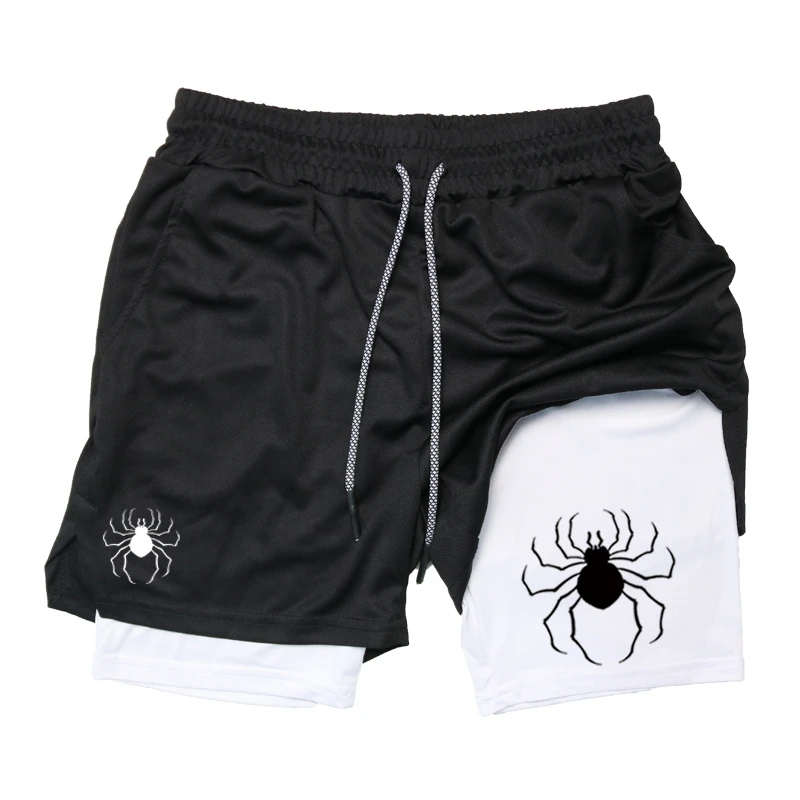 Spider Print 2 in 1 Compression Shorts for Men Gym Workout Running Shorts with Phone Pocket Towel Loop Summer Quick Dry Stretchy