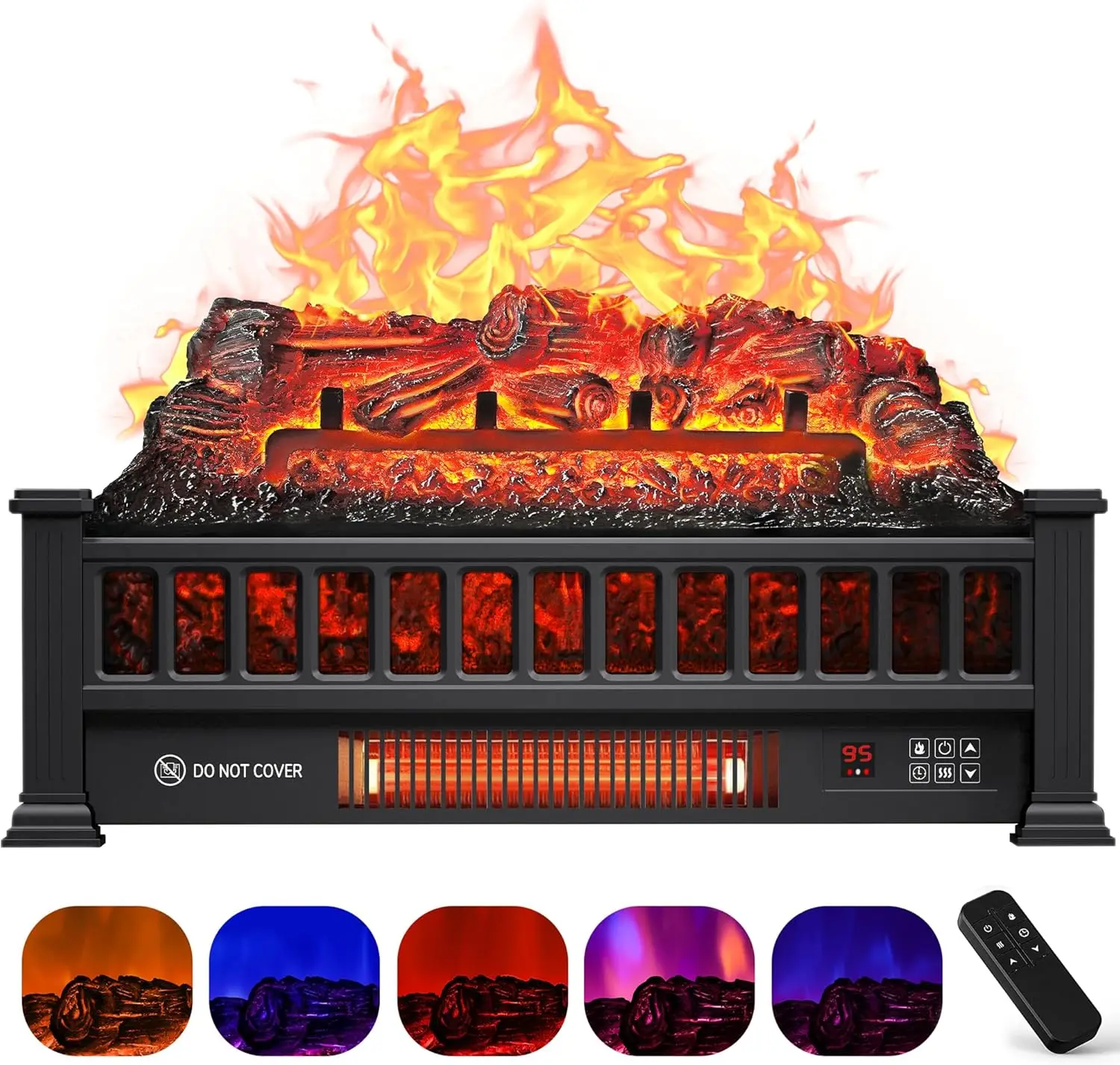 

20-Inch Electric Fireplace Heater with Remote, Adjustable Flame Colors, Overheat Protection, Timer, Thermostat, 1500W Black