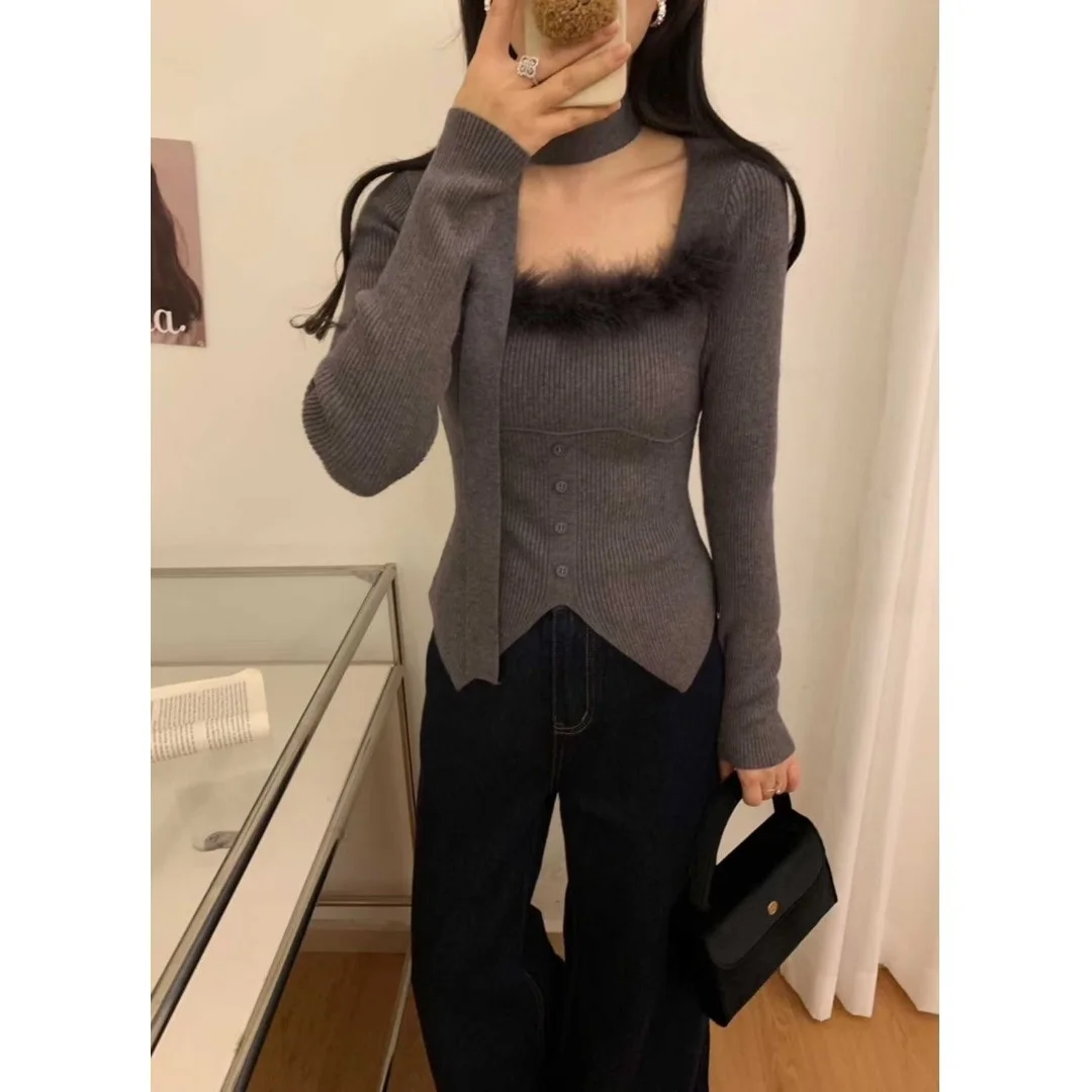 

Slim Fit Short Knitted Sweater Women's Style Korean Commute Square Collar Inner Wear Base Shirt Pure Color Polyester Fiber