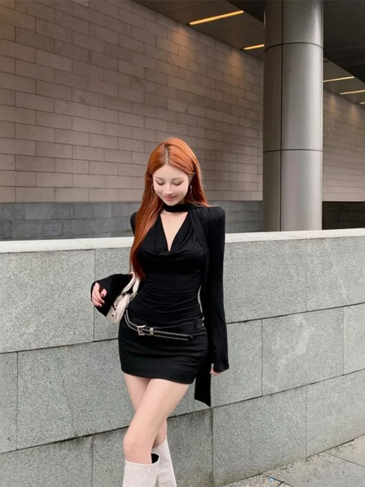 

Sexy Bla Dr Women's Autumn American Hot Girl Bodycon Dr Hanging Ne Swing Waist Slimming Long Sve Dr