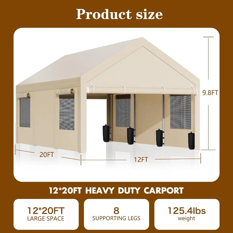 12x20 FT Carport, Heavy Duty Carport Canopy with Roll-up Windows, Portable Garage with Removable Sidewalls & Doors,Boat(Khaki)