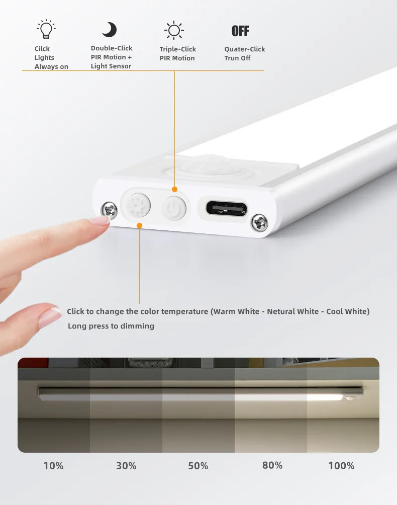 خزانة ألمنيوم رفيعة للغاية ، مستشعر حركة بير ، مستشعر إضاءة ليد ، شريط إضاءة USB قابل لإعادة الشحن ، 3cct ، 60 نور ، way way