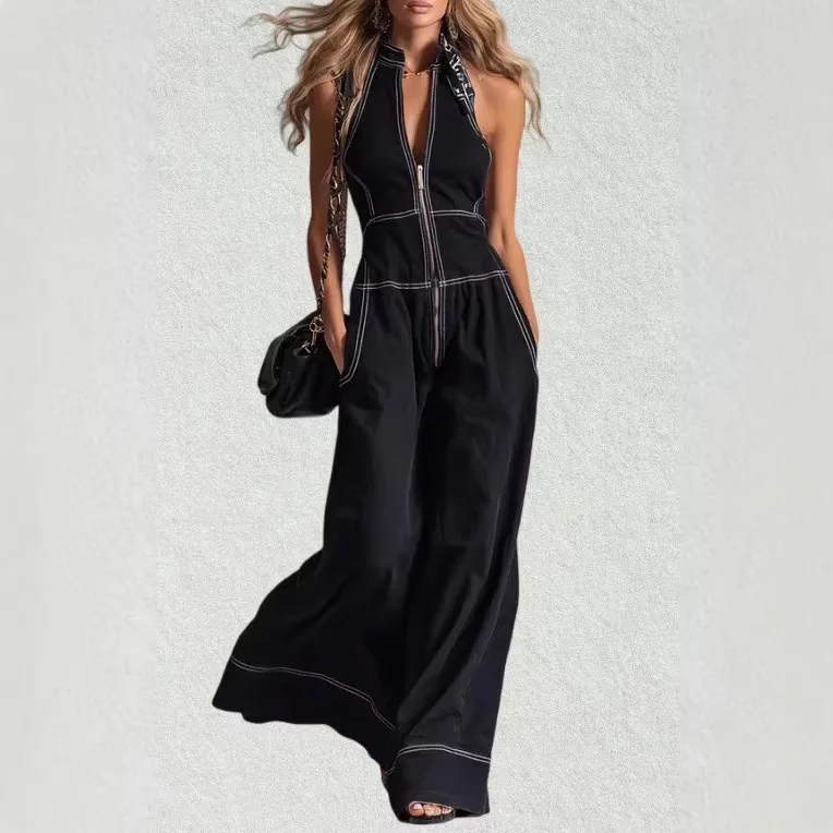 

Stylish Wide Leg Jumpsuit Women Fashion Pockets Zipper Stand Collar Pockets Loose Party Playsuits Trendy Streetwear Romper