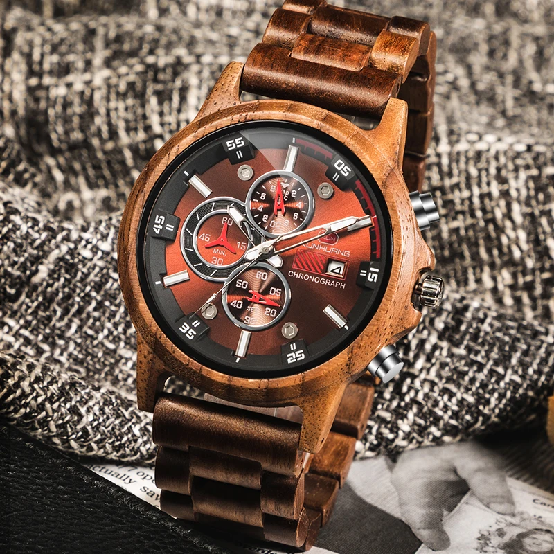 

KUNHUANG Wooden Strap Quartz Chronograph Watch - Stylish & Precise Timepiece for Trend - setters man‘s fashion wristwatch