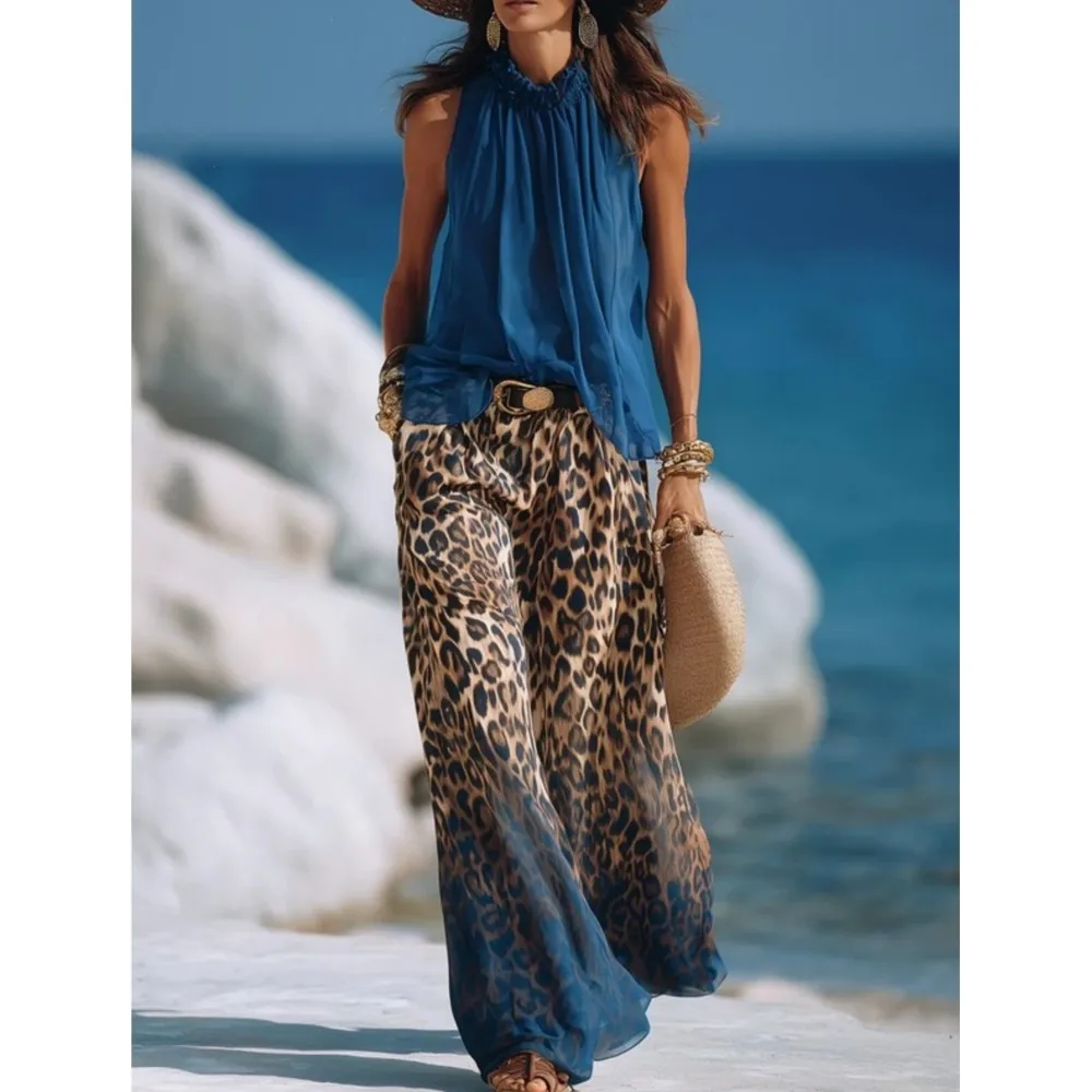 

Leopard Print Fashion Ombre Color Halter Neck Top High Wide Leg Pants 2 Piece Set Summer Women Casual Elegant Trouser Suit