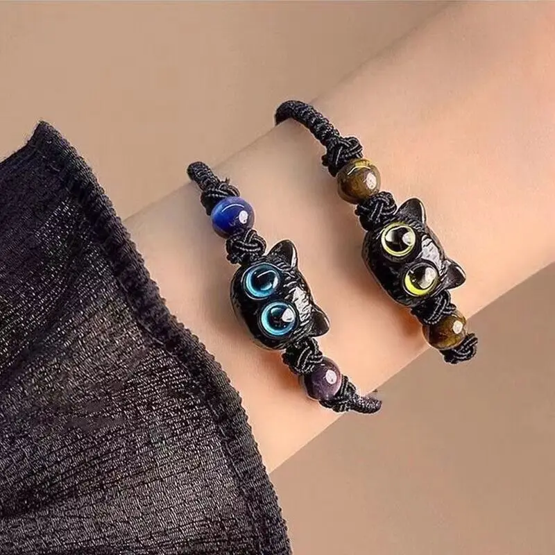 Stupid Cute Little Black Cat Knitted Bracelet Ins Sweet and Cool Small Eyed Cat Bracelet Couple Friend Bracelets