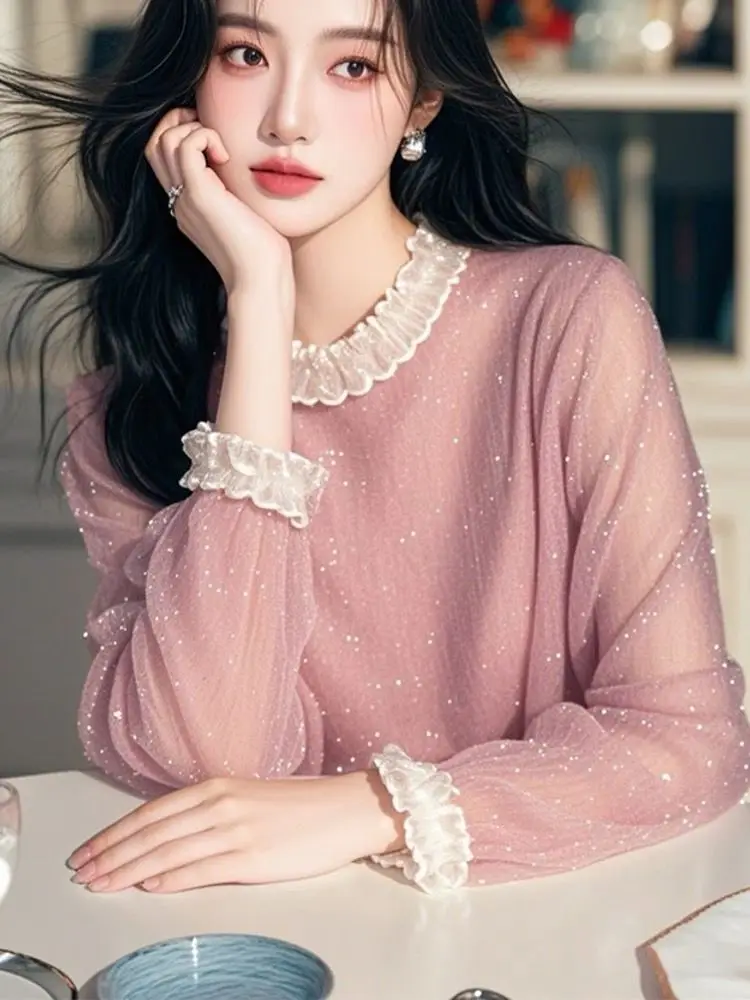 

Новинка весны 2025 года, шифоновая рубашка с французским блеском, шикарная кружевная свободная рубашка, топ