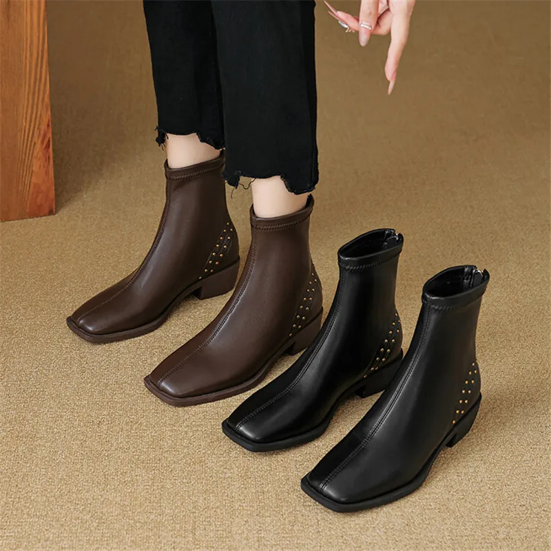 

New Autumn Winter Women Boot Fashion Rivet Square Toe Boots for Women Short Boots Ladies Shoes Elastic Boots Zapatos De Mujer