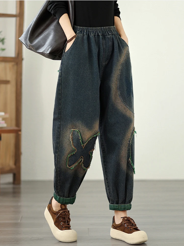 

NYFS 2025 New Autumn Vintage embroidered Woman Jeans Loose Plus size Trousers High Waist Denim Hare Pants