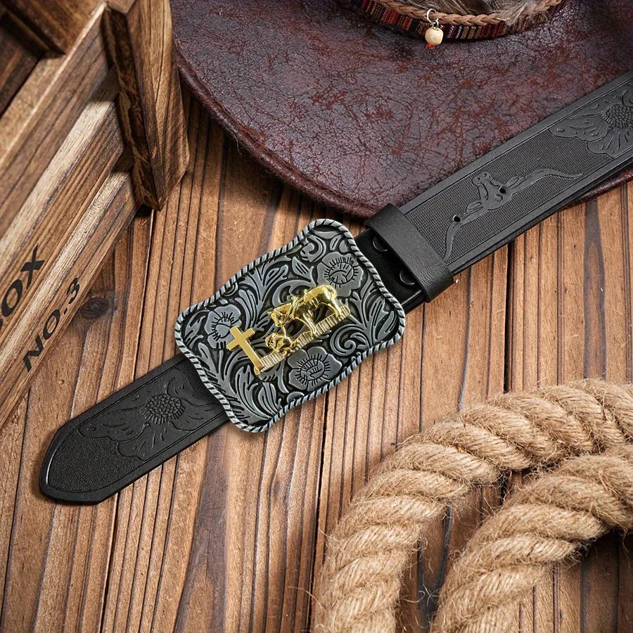 حزام الدنيم الغربي للرجال، حزام ريترو، صليب المجد الصباحي، حزام الصلاة يحمل الحصان، مشبك، شخصية الهيب هوب، طراز قديم، #4