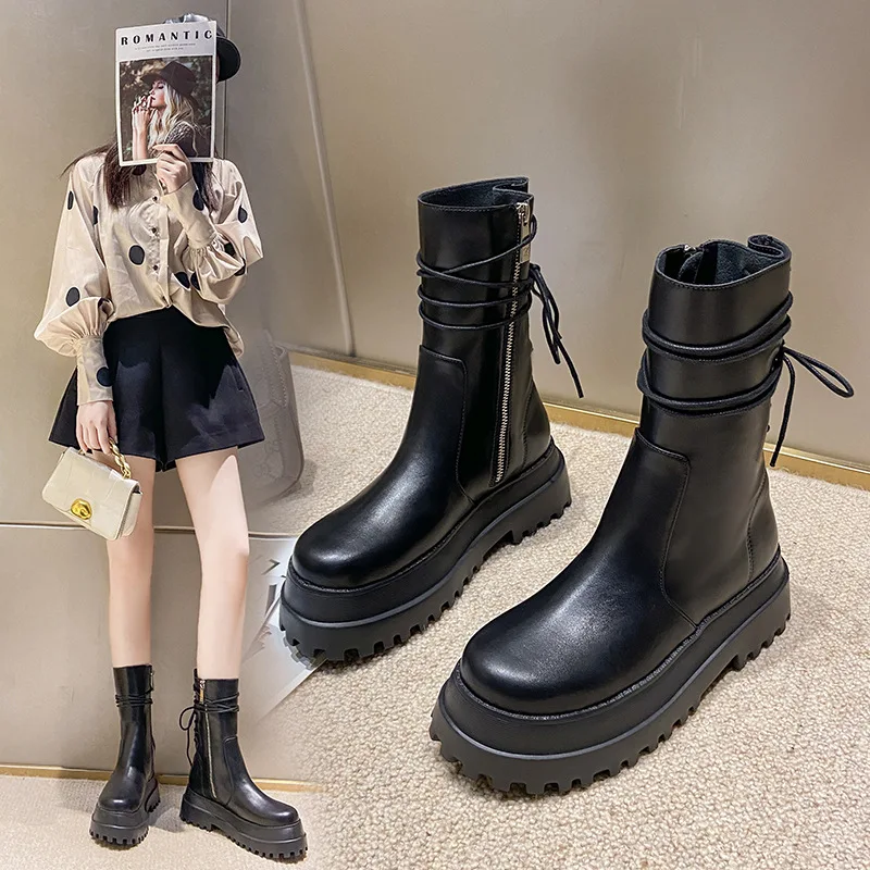 

Новинка осени и зимы 202, женские универсальные ботинки средней посадки на толстой подошве в британском стиле со шнуровкой