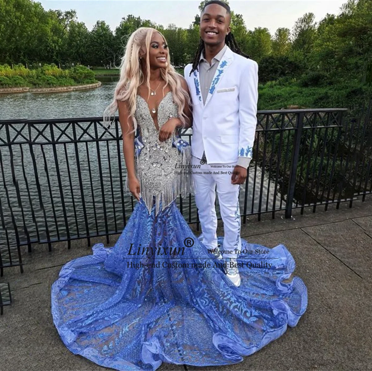 Sexy Blue Tassels Train Long Prom Dresses For Black Girls Luxury Crystal Beaded Africa Birthday Queen Gown vestido de noche