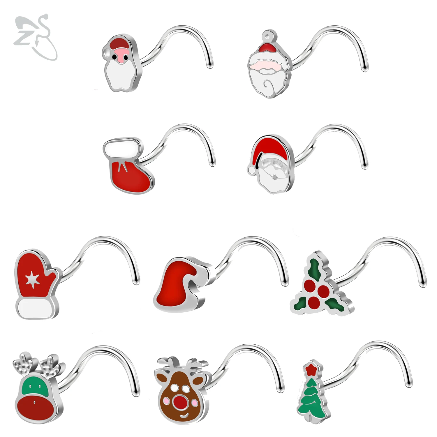 

ZS 1PC 20G Christmas Tree Santa Claus Nose Piercing 316L Stainless Steel Nose Stud Silver Color Screw L Shape Nostril Piercing