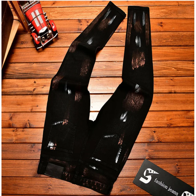 2025 Autumn Black Jeans Men's Inkjet Graffiti Printed Street Men's Clothing Nostalgic Trend High end Retro Denim Pants