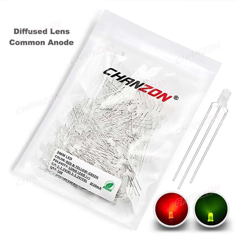 100pcs 3mm Bicolor Red Yellow-Green LED Diode DIP Light Emitting Lamp Bulb Common Anode Cathode Clear Diffused Lens Electronic