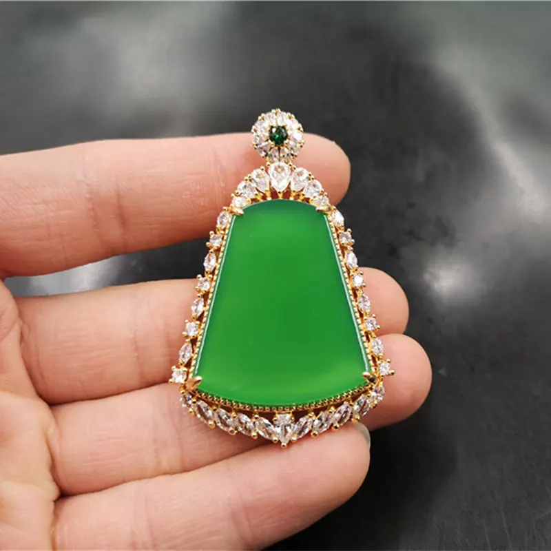 Cheap Jade New925Silver Inlaid Green Chalcedony Safety Pendant Green Agate Trapezoid Pendant