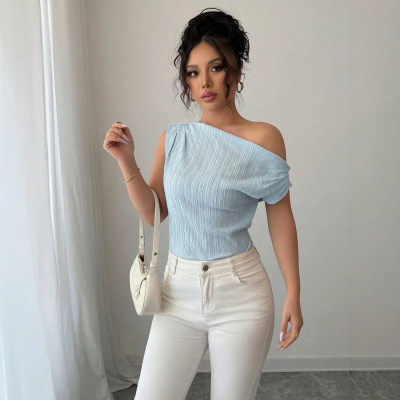 

Женский летний синий сексуальный топ с асимметричным вырезом и закругленными плечами, топ на шнуровке сзади, утягивающий топ, модная футболка