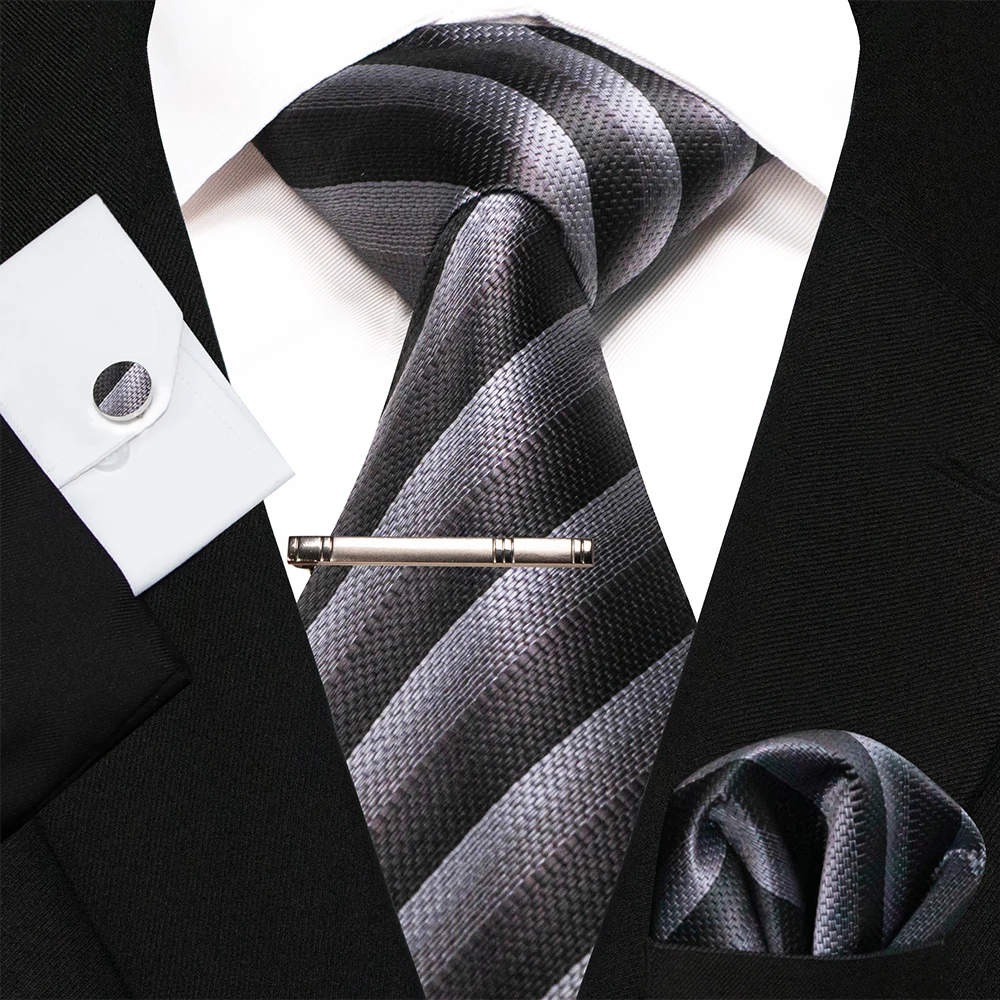 KAMBERFT Marineblau Gestreifte Seidenkrawatte für Herren, Modisches Design, Geschenkset mit Taschentuch und Manschettenknöpfen, Business-Party-Gravata – Detail 26