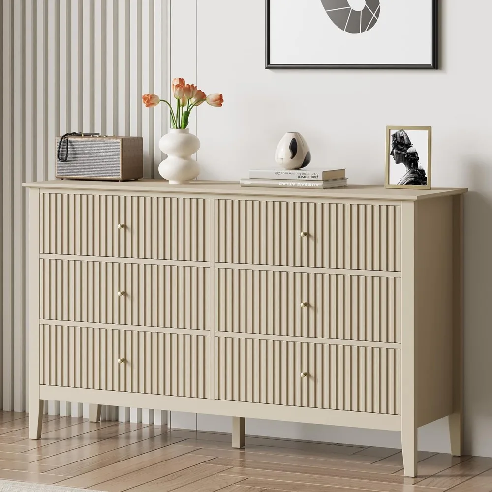 

Beige 6 Drawer Dresser, Fluted Modern Wood Chest of Drawers, Long Dresser for Bedroom TV Stand Storage Cabinet for Living Room