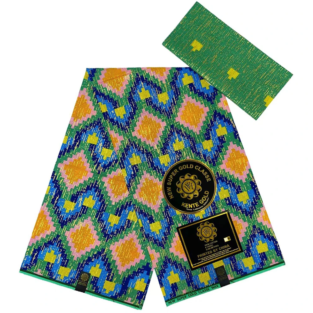 Tela de cera auténtica dorada Ankara africana de 4 + 2 yardas, 100% algodón, estilo Kente Nigeria Ghana para mujer, tela para vestido, materiales de costura