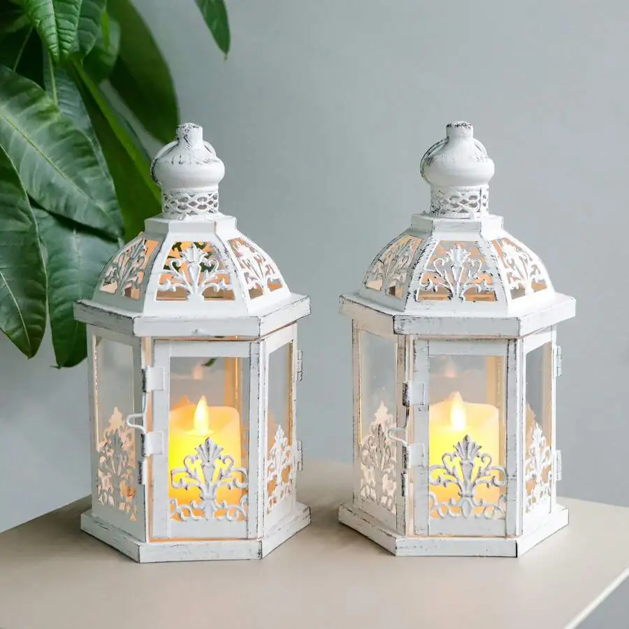Set Of 2 Vintage Decorative Lanterns 9.5' H Hanging Lantern Metal Candleholder With Tempered Glass For Indoor Outdoor Home Decor