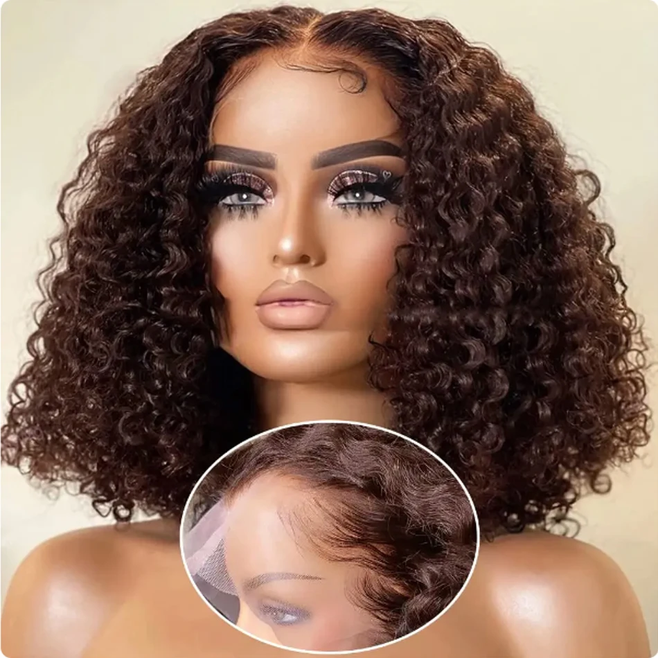 Brown Kinky Curly Bob Wig Deep Wave Frontal Wigs Curly Chocolates 12A Human Hair Wig 13x4 Colored Brazilian Wigs For Black Women