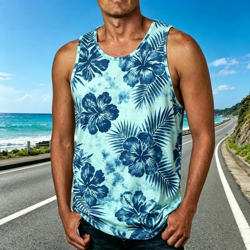 Men's tropical tie dye Feng Shui colorful plant flower printed vest, for casual wear on summer beaches and outdoor activities
