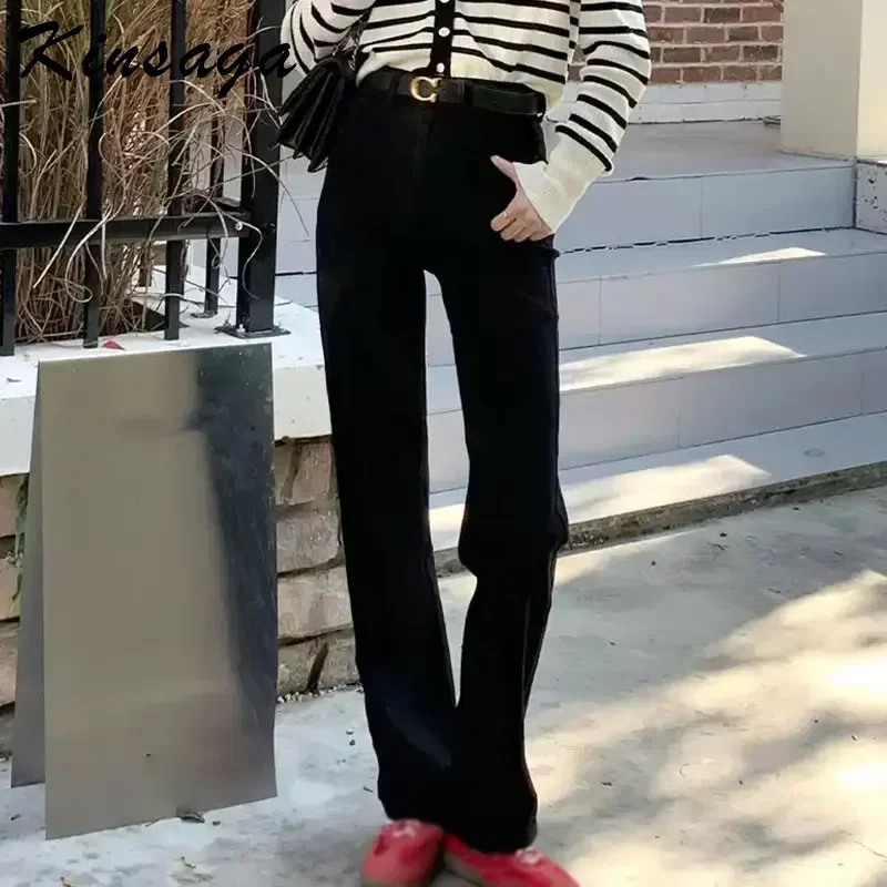 Kinsaga Korean Fashion Black Narrow Straight Jeans Women Pear Shape High Waist Mopping Pipe Pants Tall Girl Cigarette Pant