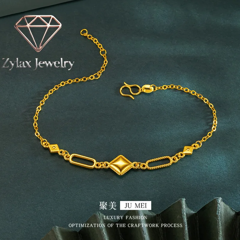 Zylax Jewelry Luxury 24K 9999 Pure Gold real gold Rhomboid Frosted Three-piece Geometric Women's Necklace Earrings Bracelet