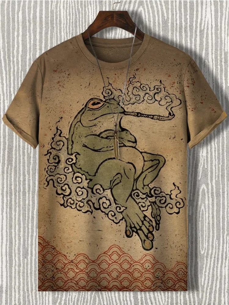 

Men's Japanese Retro Smoking Frog Art Painting Print Casual T-Shirt 2025 Fashion New Summer Holiday Daily Wear O-neck 3D Printed