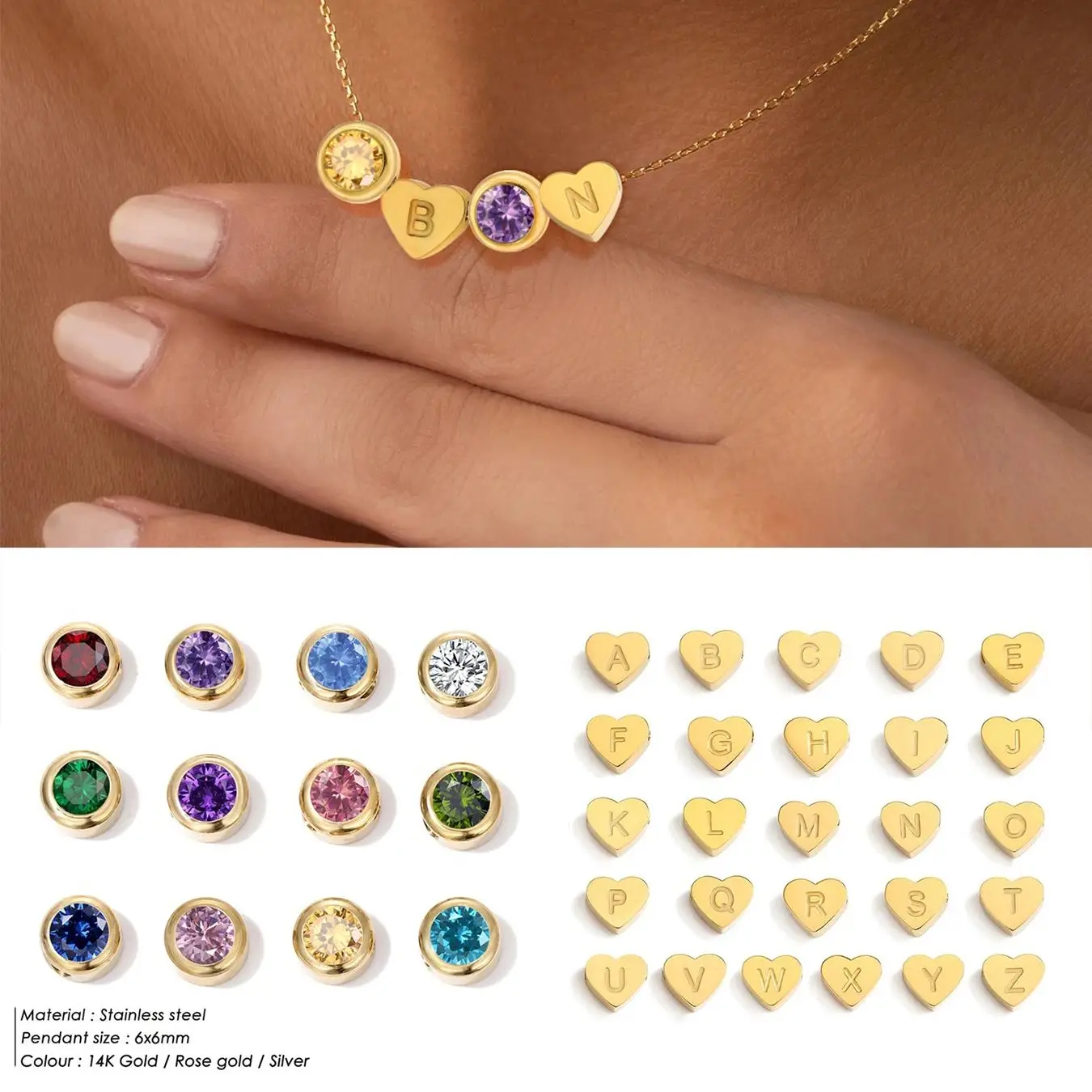 CARLIDANA No Tarnishing Stainless Steel 12 Birthstones Jewelry Gold Plated 26 Letters Heart Bead Choker Necklace For Women