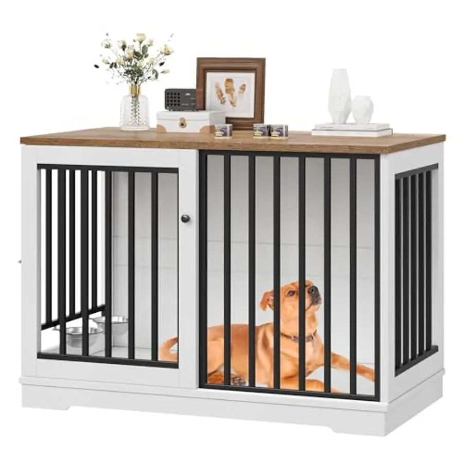 

47 Large Dog Crate Furniture Heavy Duty Dog Kennel Indoor with Sliding Door and 2 Adjustable Bowls Rustic Wooden Dog Cage Pet H