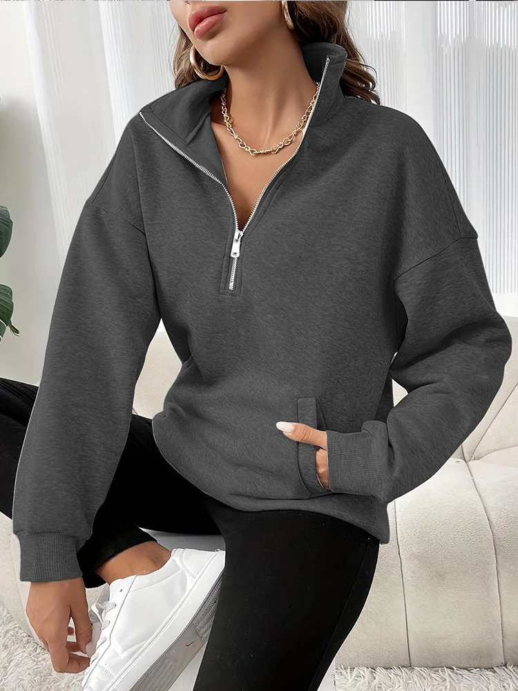 Casual Zipper Turn-down Collar Hoodies Women Loose Solid Long Sleeved Hoodie Female Autumn Winter Chic Office Outdoor Tops ﻿