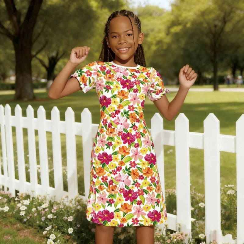 

Girls Summer Floral Dress 2026 Elegant Casual Print Skirt for Spring Autumn Seasonal Wear