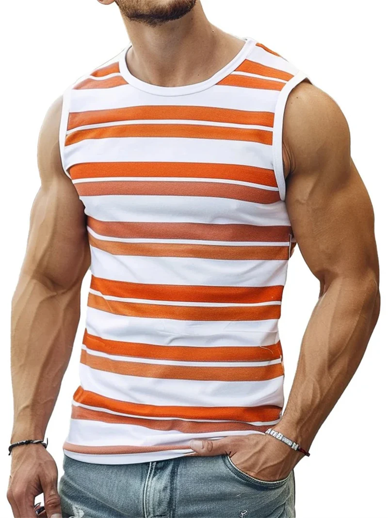 New Simple Color Striped 3D Printed Tank Tops Men Summer Sleeveless Casual Sports Vest Crew Neck Breathable Oversized Tees Tops